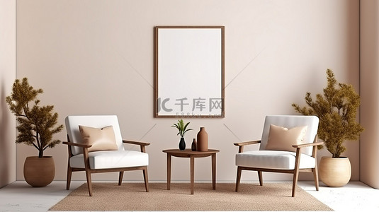 地毯地板背景图片_空墙和别致的 d cor 3D 渲染房间，配有空白海报框地毯上的两把椅子咖啡桌和盆中郁郁葱葱的热带植物