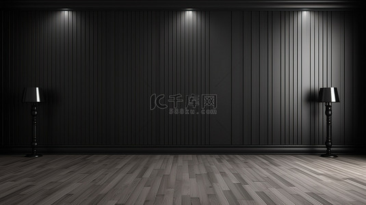 黑墙上的海报模板与浅色木地板 3D 渲染