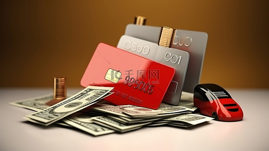 信用卡和现金的 3D 渲染说明清仓销售概念