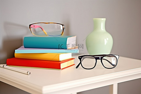 白色桌子上的书和眼镜