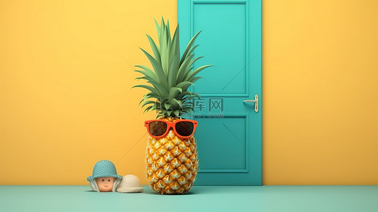 旅游横幅背景图片_诱人的夏日氛围 3D 插图，敞开的门和戴着太阳镜的菠萝，有充足的复制空间