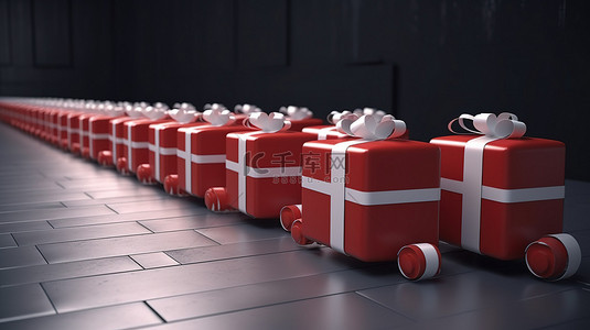 红色礼品盒，排成一排白色丝带，以 3D 形式展示并放置在轮子上