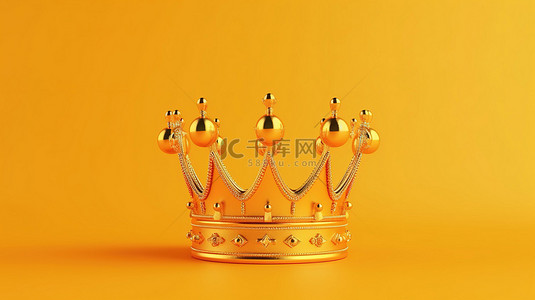 王子王冠背景图片_富丽堂皇的象征主义，在充满活力的黄色背景上华丽的金色王冠，以 3D 呈现，呈现出雄伟的宝藏概念