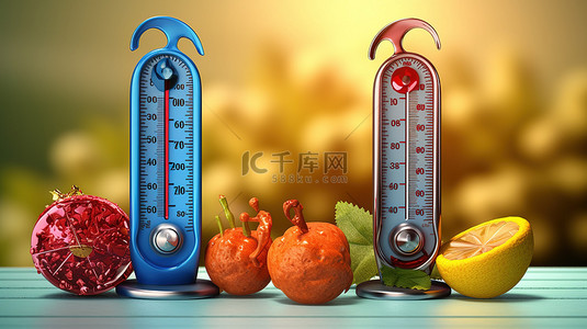 温度骤降背景图片_带冬季和夏季图标的双温度计的 3D 插图
