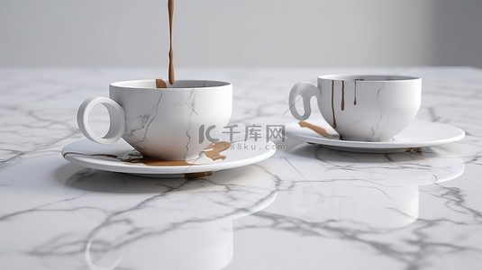 白色大理石桌子上放着两杯热气腾腾的 3D 渲染咖啡