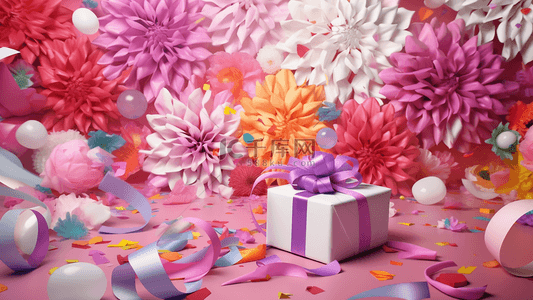 生日快乐礼物盒背景图片_生日彩色花朵礼物背景海报