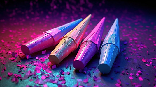 充满活力的 3D 烟花火箭，里面装满了紫蓝色和粉色五彩纸屑，非常适合庆祝节日