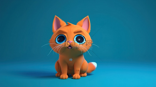 蓝色背景下 3D 渲染中可爱的橙色猫科动物