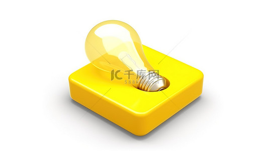 隔离在白色背景白色方形按钮键上，具有黄色平面灯泡图标的 3D 渲染