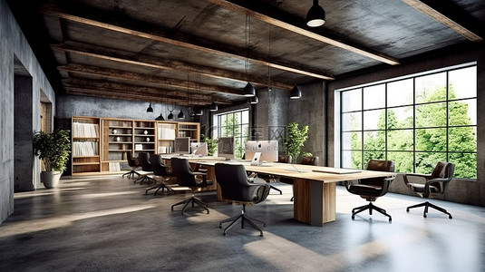 采光良好的联合办公空间的 3D 渲染，采用现代混凝土和木质室内设计，配有设备和家具