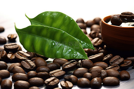咖啡背景图片_绿叶与黑咖啡豆