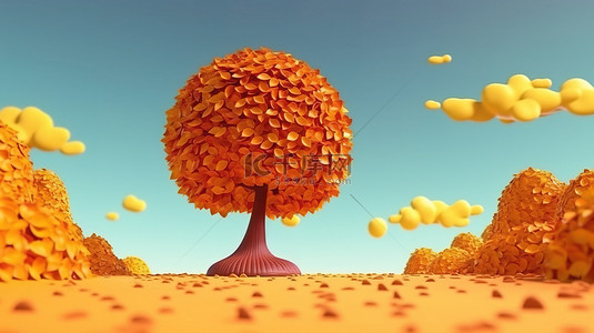 具有充满活力的秋叶的卡通树的 3D 渲染