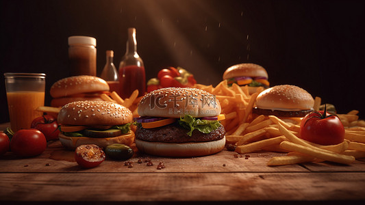 美食素描背景图片_蔬菜汁快餐汉堡木桌背景