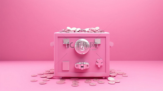 粉红色帽子背景图片_确保您的储蓄粉红色保险箱可容纳浮动硬币和纸币，防止粉红色背景上的通货膨胀 3D 渲染