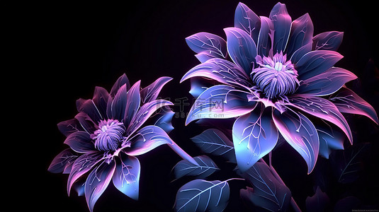 黑暗的月光画布上发光的紫色花朵 3D 渲染