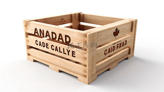 3D 渲染的加拿大制造文本装饰着超大木箱的白色背景