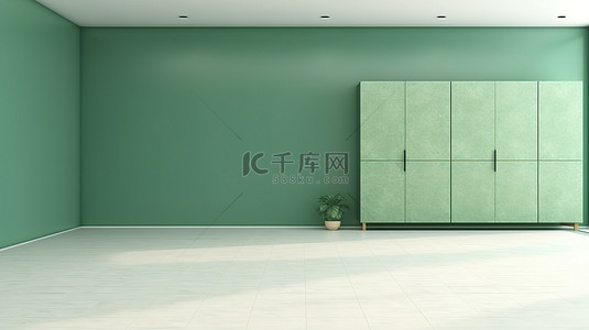 禅宗背景背景图片_禅宗风格的简约橱柜设计，配有花岗岩瓷砖地板和绿色墙壁 3D 渲染
