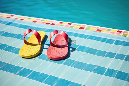人字拖和两只红色凉鞋，泳池里有蓝色瓷砖