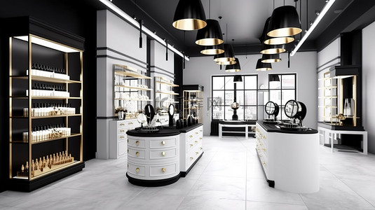 现代香水和化妆品店内部黑白和金色 3D 渲染