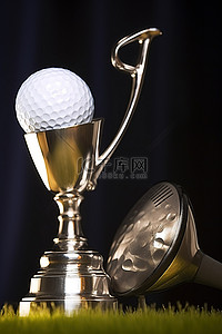 高尔夫球帽上的四面体高尔夫球杆，旁边是银色玻璃杯和奖杯