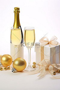 白色背景中的香槟礼品和金饰