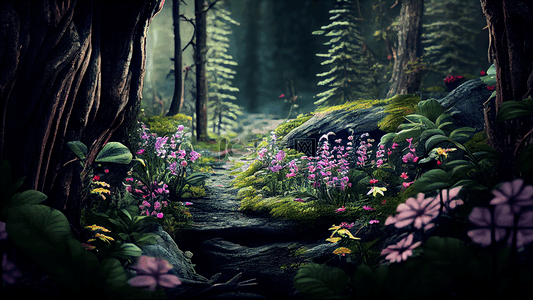森林深处鲜花小路背景
