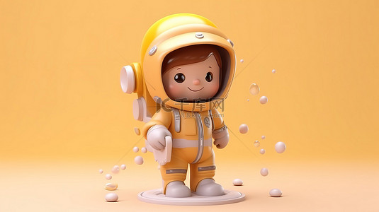 一个迷人的 3D 插图，描绘了一个卡通宇航员孩子，穿着柔和的淡黄色