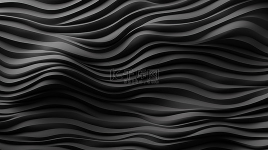 当代抽象背景，在带纹理的黑色灰泥墙上呈现栩栩如生的 3D 波浪