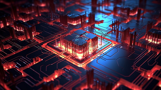网络电路红外未来城市，带有红色发光 3D 渲染芯片