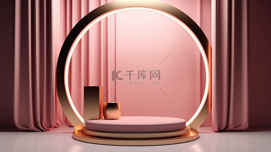 大白色背景图片_展示完美的粉红色和金色产品展示台的惊人 3D 渲染，带有大白色圆圈和柔和的粉红色幕墙