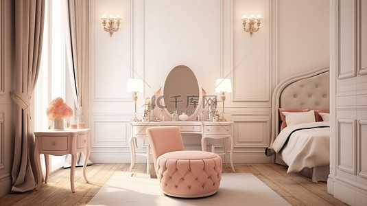 优雅的梳妆台和带台灯的椅子在奢华的经典卧室 3d 渲染