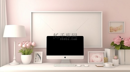 家庭办公背景图片_带相框和空电脑屏幕 3D 渲染的简约家庭办公空间