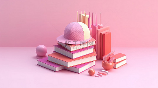 大学校区背景图片_回到粉红色背景中的教育 3d 帽子和书籍