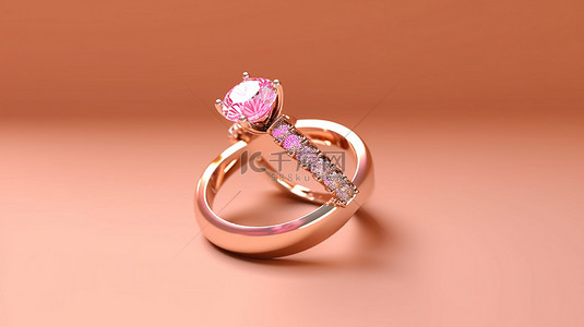 一对圆形钻石切割戒指在 3d 渲染的粉红色背景下独处