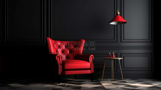 时尚的黑色室内 3D 模型中时尚的黑色和红色扶手椅