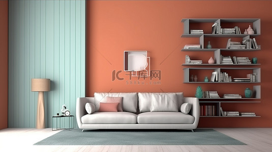房子平面3d背景图片_客厅内部的 3D 渲染，配有沙发书柜和用于艺术绘画的空白墙