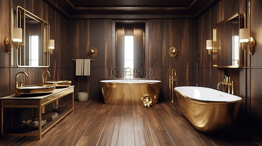 洗手间背景图片_浴室和洗手间以黄铜和木材风格可视化，并带有 3D 渲染