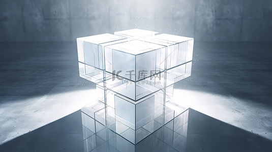 使用渲染技术漂浮在 3D 空间中的白色立方体盒，在地板背景下带有阴影