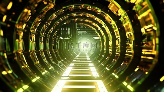 具有电影绿色和黄色照明的未来网络空间隧道的循环 3D 渲染