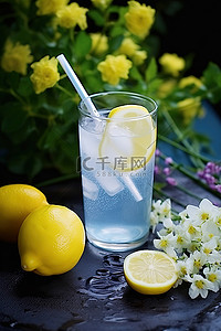 桌子上摆满鲜花背景图片_柠檬水加糖和水坐在摆满鲜花的桌子上