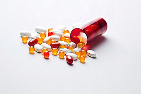 白色背景上的一颗红色药丸，里面有红色和黄色的药物