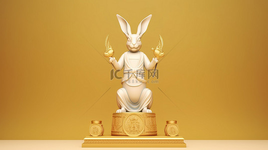 动物日海报背景图片_金色讲台空空如也，一只 3D 兔子张开双臂，上方漂浮着中国手卷