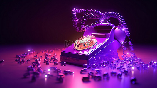 碰撞紫色背景图片_霓虹灯紫色灯光下损坏的固定电话以 3D 形式渲染，碎片破碎