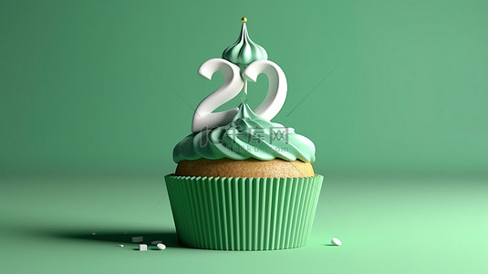 用于庆祝 25 岁生日的 3D 渲染薄荷绿纸杯蛋糕