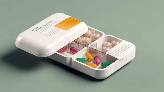 模型模板的 3D 渲染，包装中有两个药丸泡罩