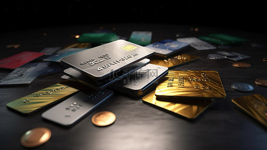 信用卡和硬币图标的 3D 渲染强调无现金社会和财务规划