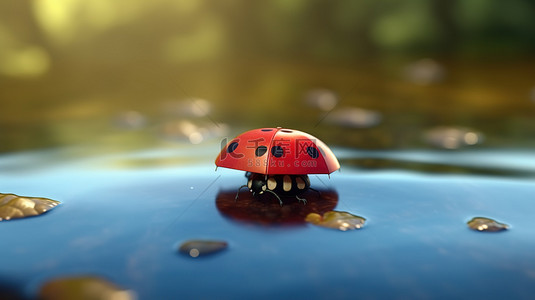 瓢虫栖息在漂浮在雨伞遮蔽的水面上的叶子上的 3D 渲染图像