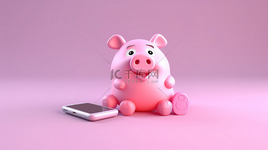 一只可爱的粉红猪在手机上说话的 3D 渲染