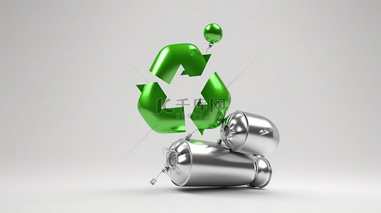 绿色氦气球携带一个空白铝罐，在 3D 渲染中以白色背景设置回收标志
