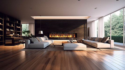 当代住宅设有宽敞的客厅和华丽的 3D 渲染壁炉